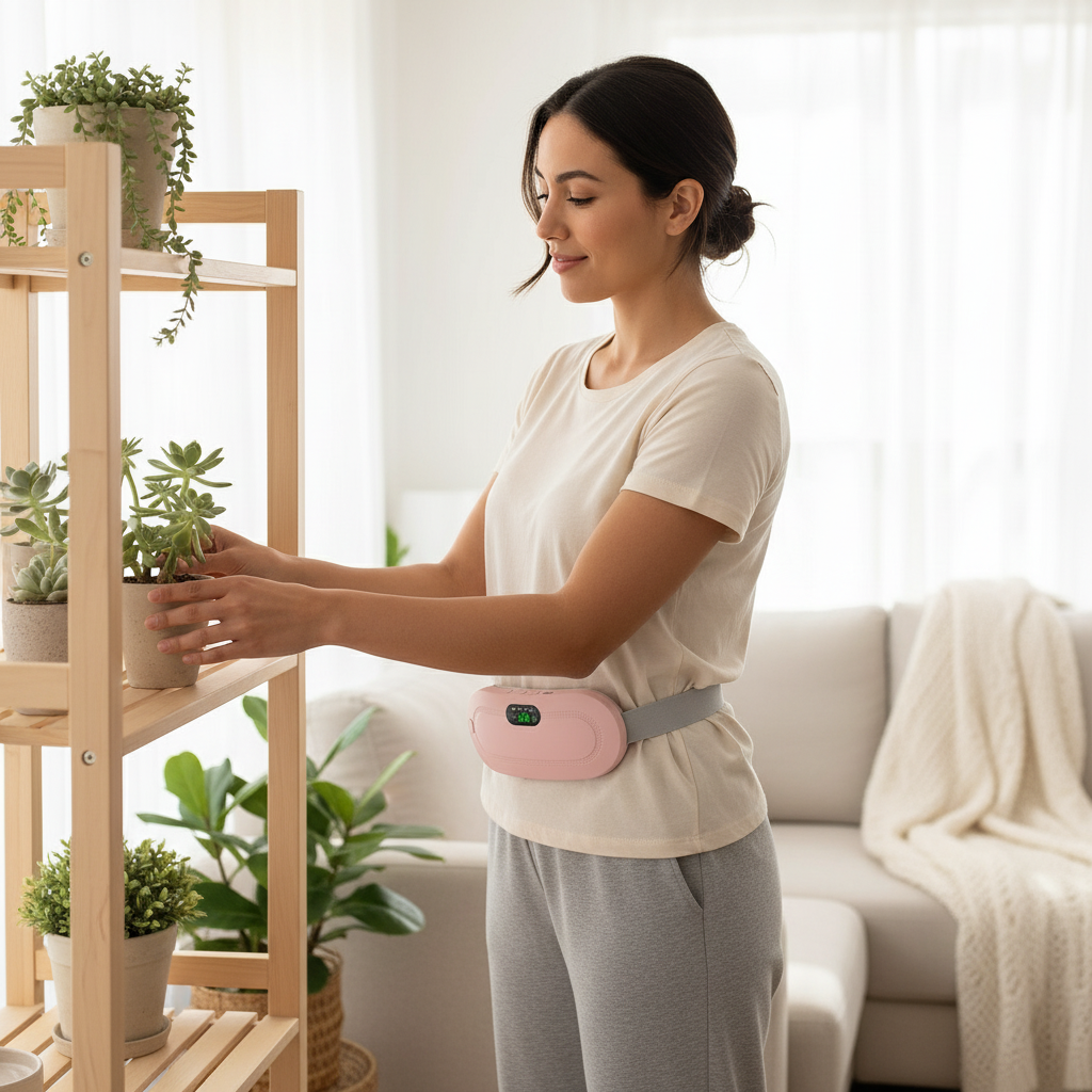 Mujer chilena en casa usando cinturón térmico