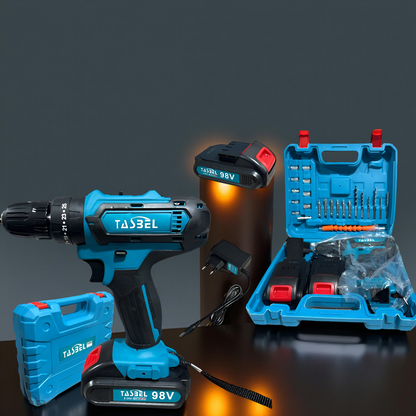 Taladro Inalámbrico 98V Percutor con 2 Baterías y Kit Completo de Accesorios