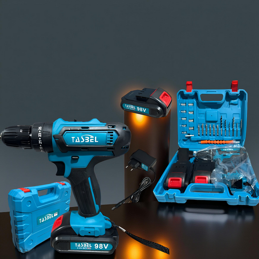Taladro Inalámbrico 98V Percutor con 2 Baterías y Kit Completo de Accesorios