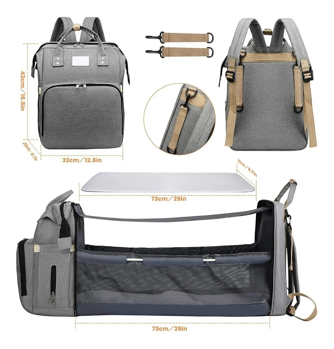 Bolso Mochila Cuna Mudador Portátil Plegable - 14 Bolsillos Multifuncional para Bebé