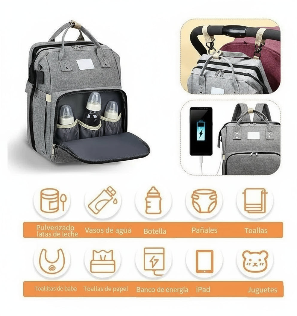 Bolso Mochila Cuna Mudador Portátil Plegable - 14 Bolsillos Multifuncional para Bebé