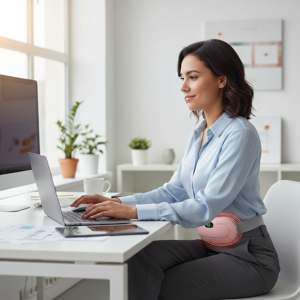 Mujer chilena profesional usando cinturón térmico en la oficina