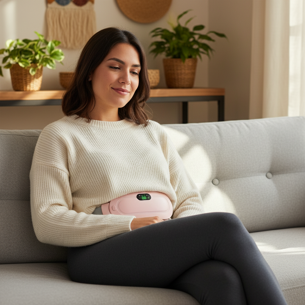 Mujer chilena usando cinturón térmico compacto para cólicos