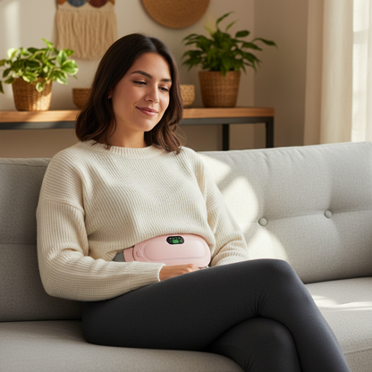 Mujer chilena usando cinturón térmico compacto para cólicos